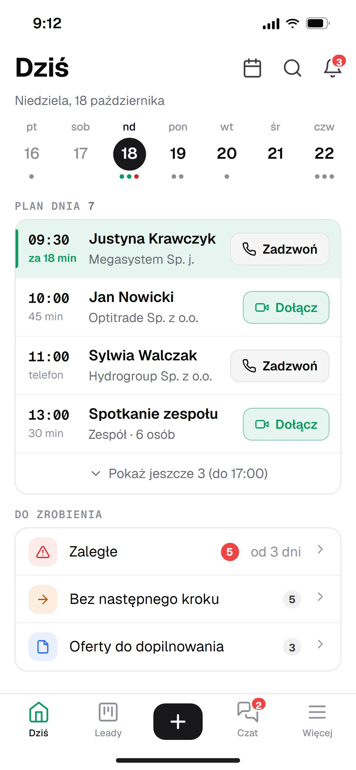 Ekran Dziś na telefonie: plan dnia z przyciskami Zadzwoń i Dołącz oraz skróty do zaległych, bez następnego kroku i ofert do dopilnowania.
