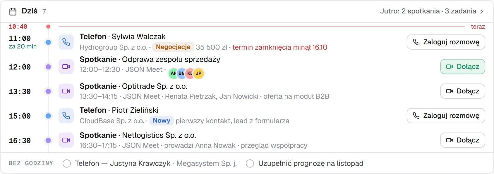 Oś dnia w Moim dniu: telefony i spotkania od 11:00 do 16:30 z przyciskami Zaloguj rozmowę i Dołącz.