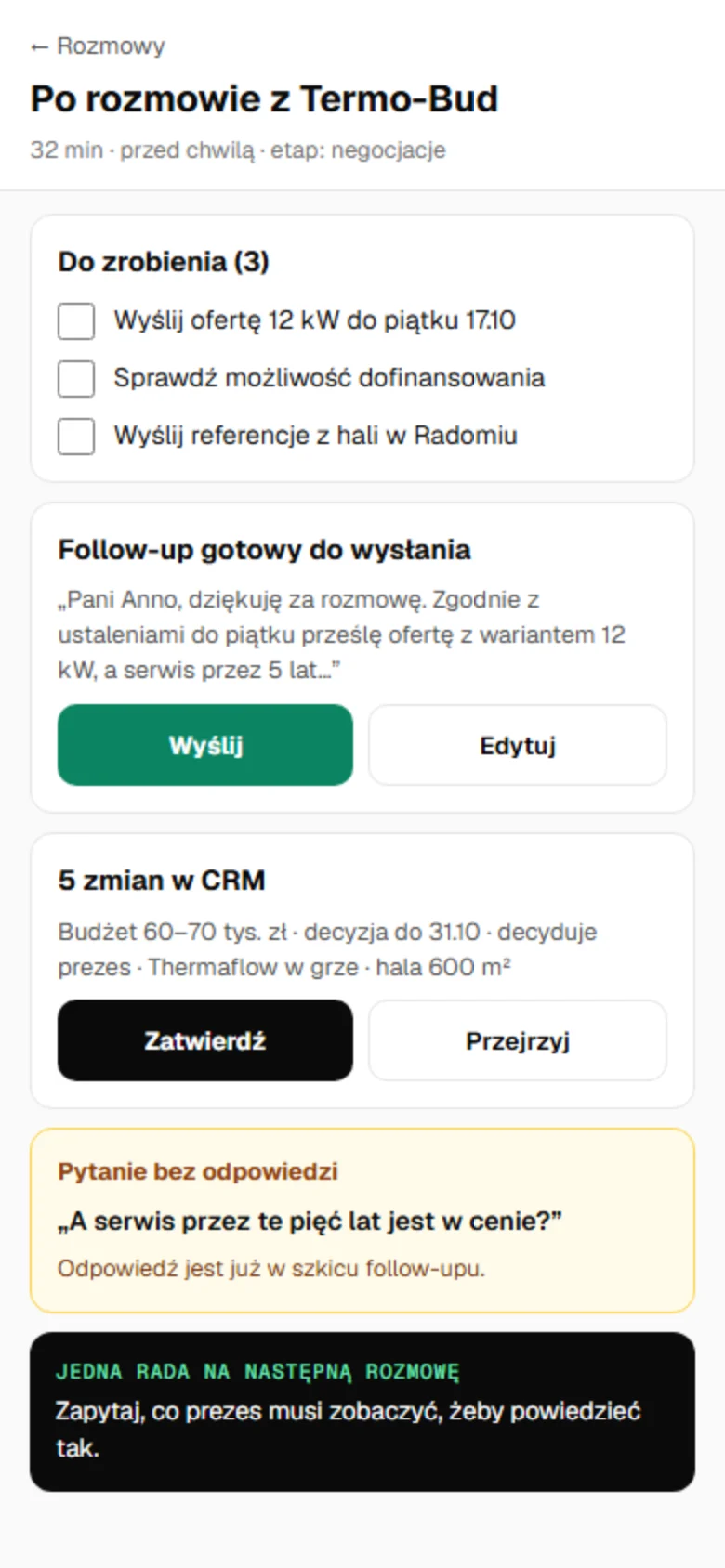 Telefon po rozmowie z Termo-Bud: trzy rzeczy do zrobienia, follow-up gotowy do wysłania, 5 zmian w CRM, pytanie bez odpowiedzi i jedna rada na następną rozmowę.